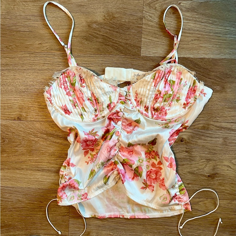 NWOT For Love and Lemons medium floral silk button bustier top corset lingerie